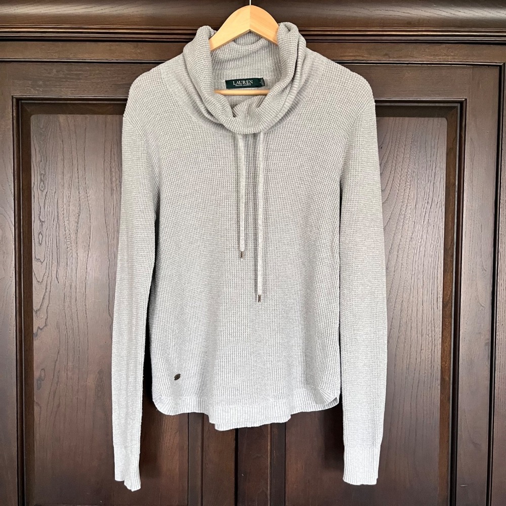 LAUREN RALPH LAUREN Waffle Knit Gray Cowl Neck Sweater M Minimalist‎ Old Money